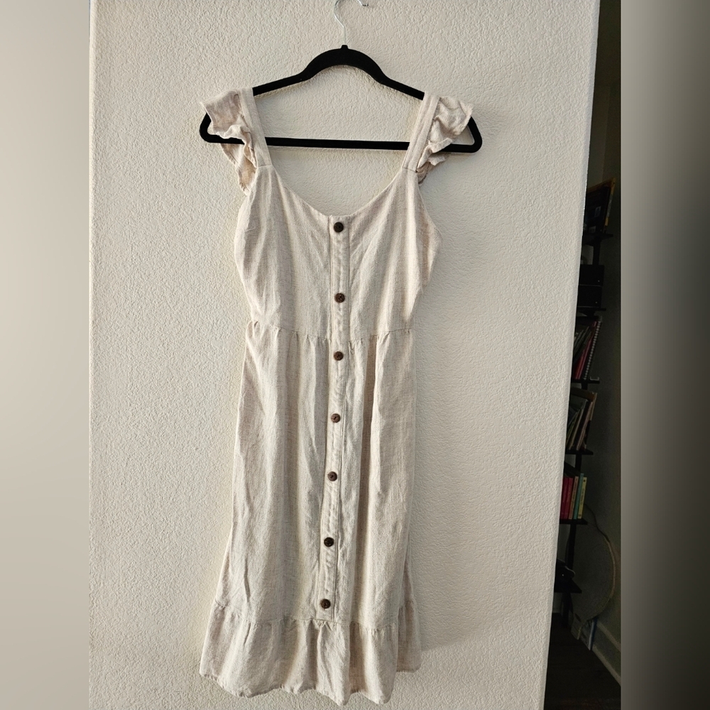 Elegant Cream Linen Blend Button-Down Dress